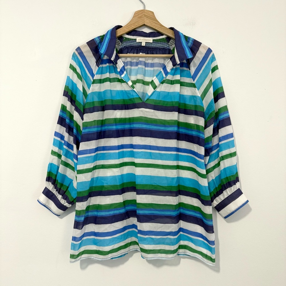 Ann Mashburn Striped Blouse Green Blue White Cotton Top Women’s Small